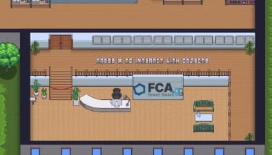 Une représentation des bureaux virtuels de la société FCA, conçue dans un style de jeu vidéo rétro.