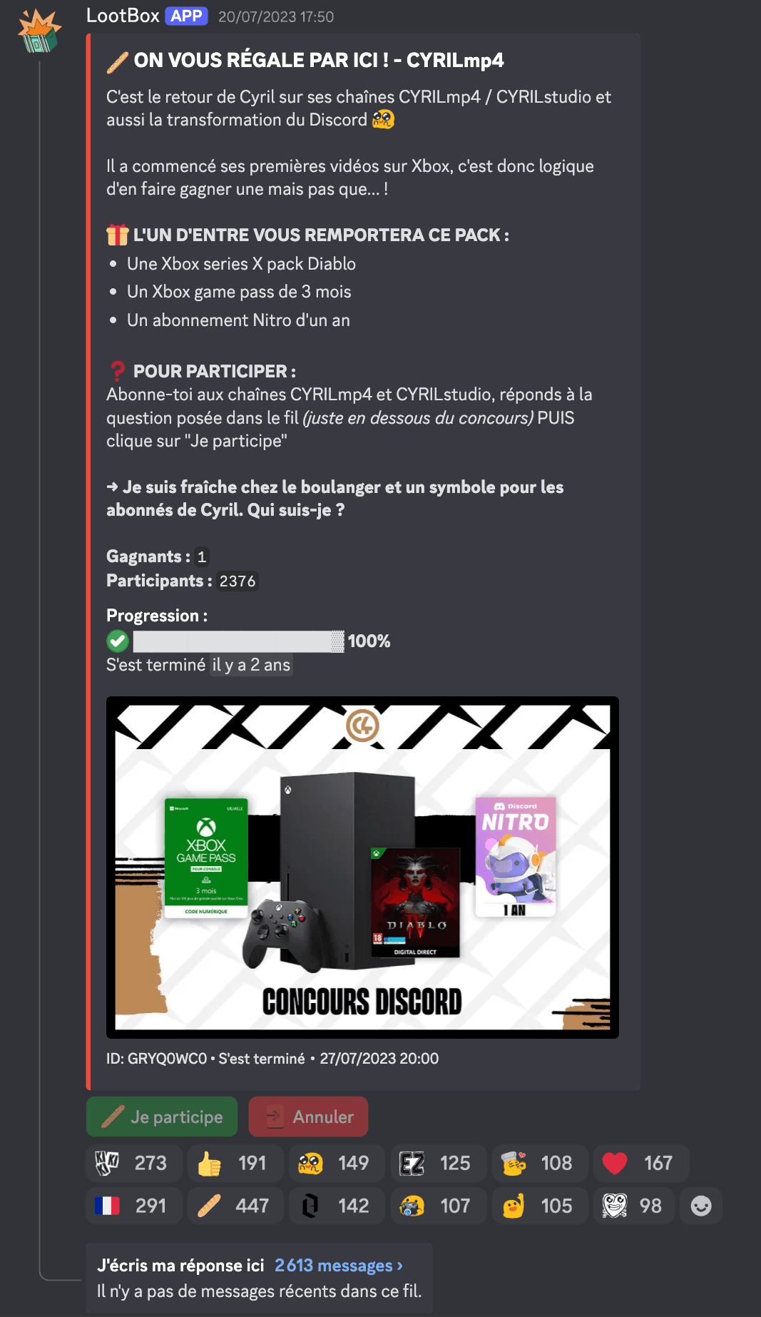 Annonce du giveaway sur le serveur Discord de CYRILmp4