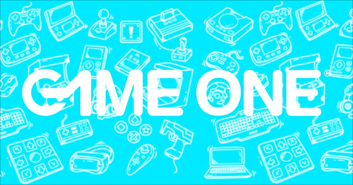 The Game One logo in white on a turquoise background covered with illustrations of consoles and controllers.