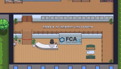 Une représentation des bureaux virtuels de la société FCA, conçue dans un style de jeu vidéo rétro. Nous voyons l'intérieur d'un bâtiment qui ressemble à un bureau avec une réception. Il y a une enseigne qui dit "FCA - Great Goats" accrochée au mur derrière le comptoir de la réception.